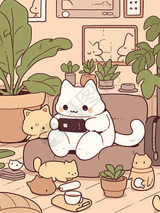 可爱的卡通宠物猫坐在沙发上打游戏图片