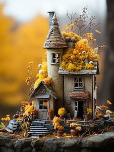 秋天房顶上长满草的卡通羊毛毡城堡图片