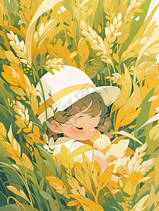秋天躺在麦田中可爱的卡通小女孩图片