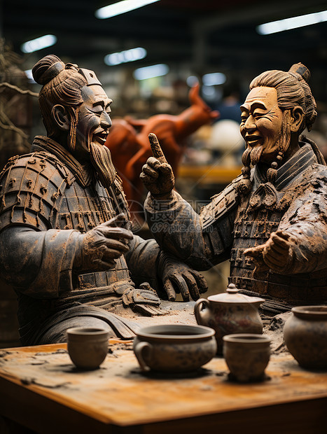 仿文物坐着喝茶的士兵雕塑图片