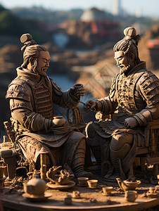 仿文物坐在一起喝茶穿盔甲的雕塑图片