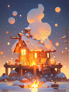 冬天雪中灯火通明的卡通小木屋图片