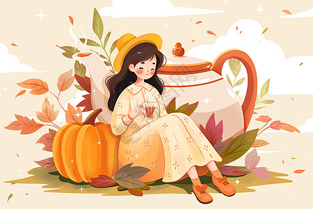 秋季保健秋天喝茶的女孩插画插画