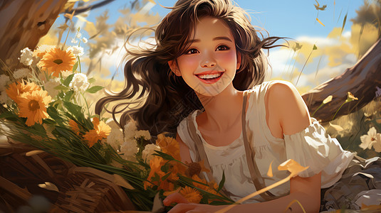 秋天在树荫下拿着花朵开心笑的长发卡通女孩图片