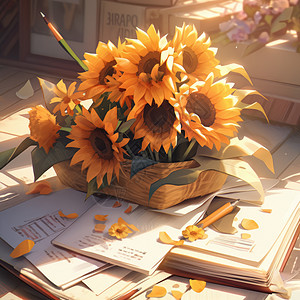 放在桌子上一篮漂亮的向日葵花束背景图片