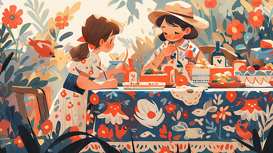 坐在餐桌上一起吃饭的两个卡通小女孩图片
