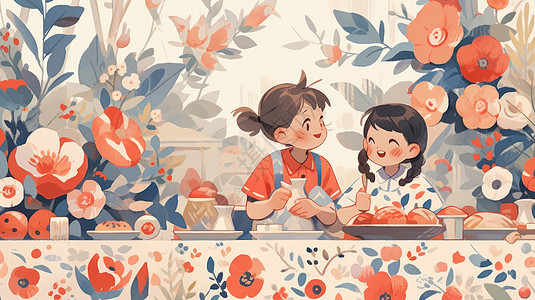 满是花朵的餐桌旁两个一起开心吃饭的卡通小女孩图片