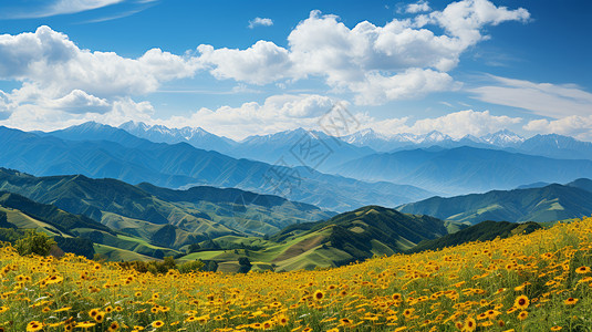 秋天蓝天白云下一片片山峰与向日葵园背景图片