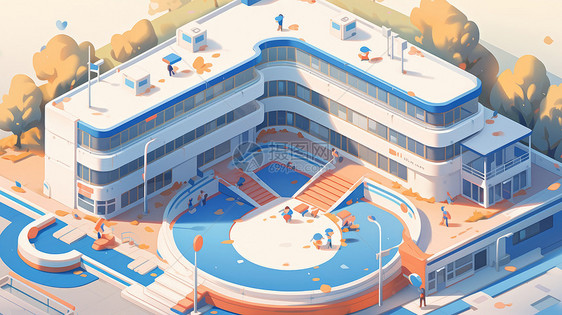 圆形广场的现代卡通医院建筑图片