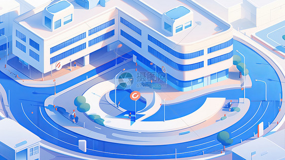蓝色调科技感的卡通医院建筑图片