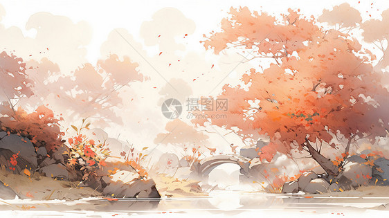 秋天唯美卡通风景湖泊上一座石桥与古树图片