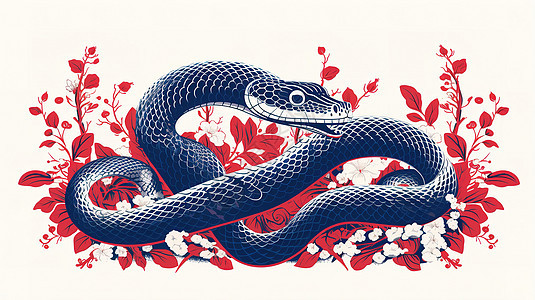 十二生肖蓝红剪纸风格之蛇图片