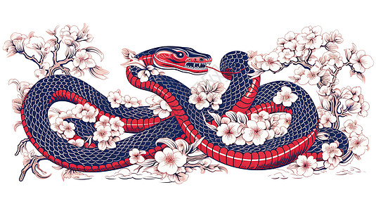 十二生肖蓝红剪纸风格之大蛇背景图片