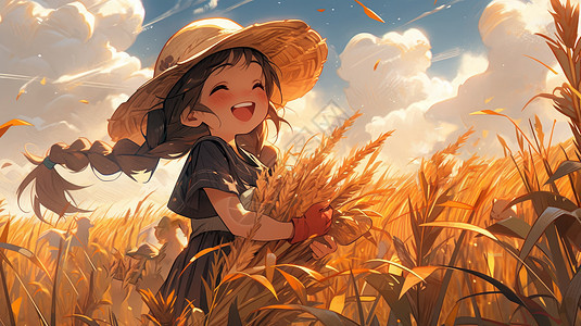 抱着麦子戴草帽开心笑的卡通女孩背景图片