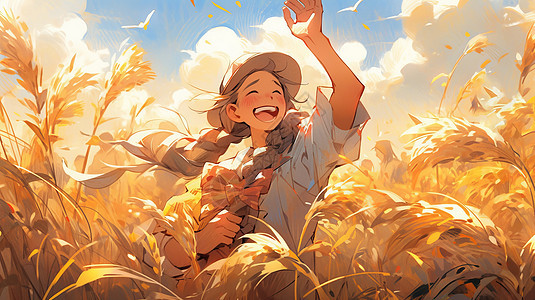 在麦子地中开心打招呼的卡通女孩图片
