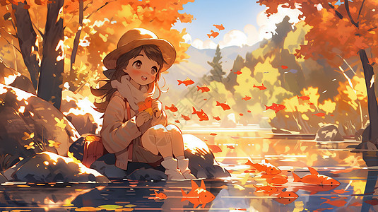坐在河边玩耍戴帽子的卡通小女孩图片