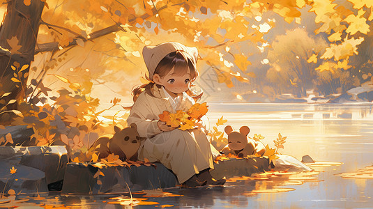 秋天坐在树荫下手捧树叶玩水的卡通小女孩图片