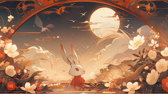 中秋夜晚可爱的卡通兔子在赏月图片