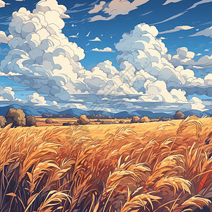 秋天白白的云朵下一片金黄色的麦子地图片