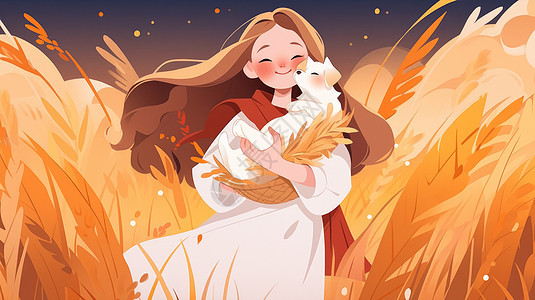 秋天抱着白色猫在草丛中的卡通女孩背景图片