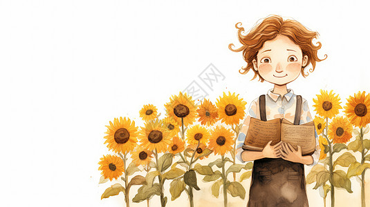 打开看书的卡通人物站在向日葵背景图片
