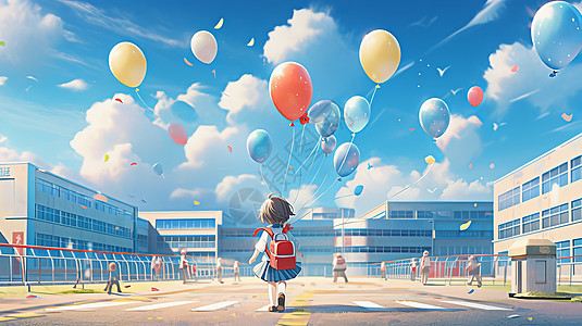 手拿气球背着书包走向学校的卡通小女孩图片