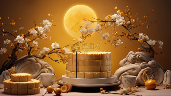 中秋节美丽的圆月与美食月饼图片