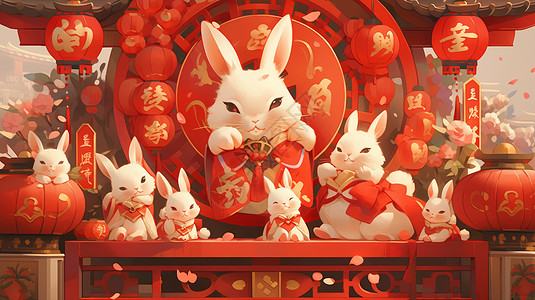 可爱的卡通兔子们穿着喜庆过中秋节图片