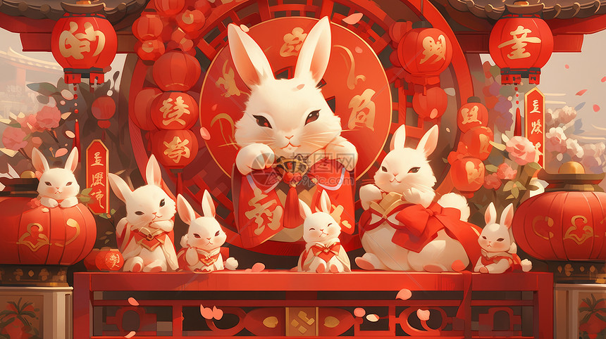 可爱的卡通兔子们穿着喜庆过中秋节图片