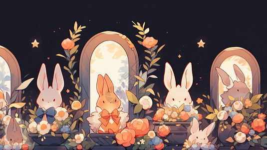可爱的卡通兔子与漂亮的花朵图片