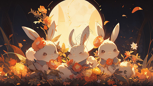 圆圆的月亮下一起过中秋的卡通兔子图片