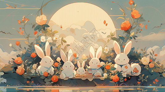 超大月亮下几只可爱的卡通兔子在赏月背景图片