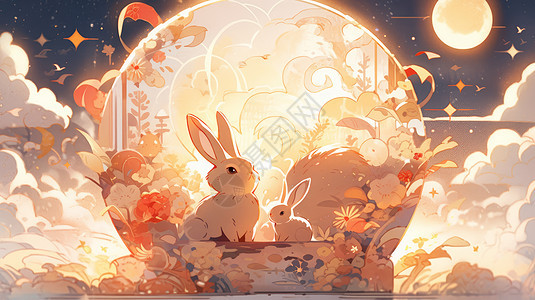 中秋节几只漂亮的卡通兔子在赏月图片