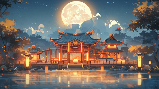中秋节圆月下灯火通明的卡通古建筑图片