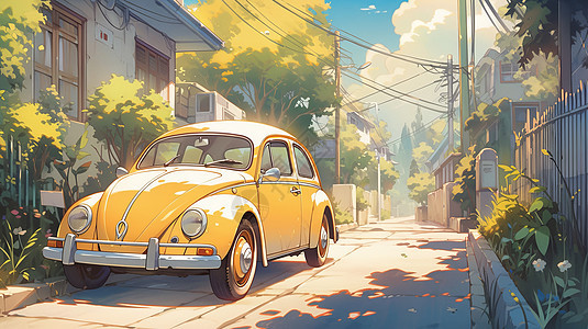 秋天行驶在路上的卡通黄色汽车图片