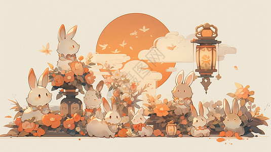 中秋节一起欣赏月亮的卡通兔子们图片