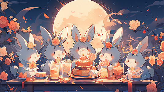 夜晚在一起吃月饼赏月亮的卡通兔子们图片