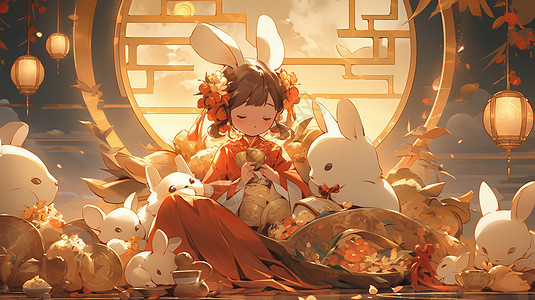 中秋节漂亮的卡通嫦娥与小白兔图片