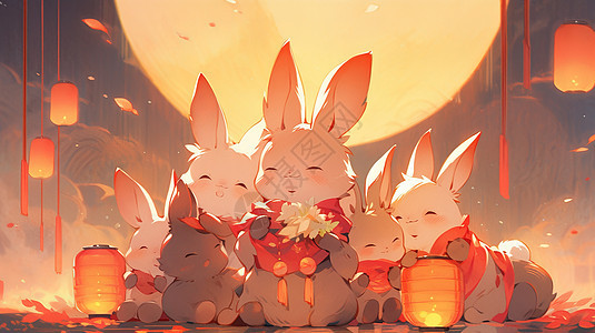 中秋节在一起赏月的卡通兔子图片