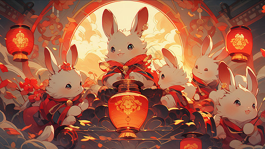 夜晚在一起过喜庆中秋节的卡通兔子们图片