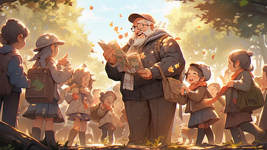 秋天手拿在树林中与学生一起开心笑的卡通老师高清图片