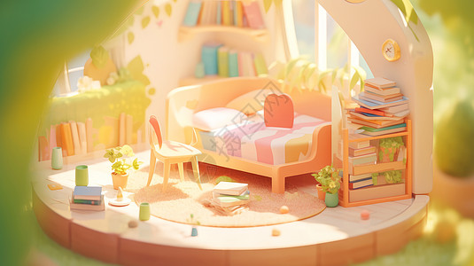美式卧室放满书籍的粉色卡通儿童房间插画