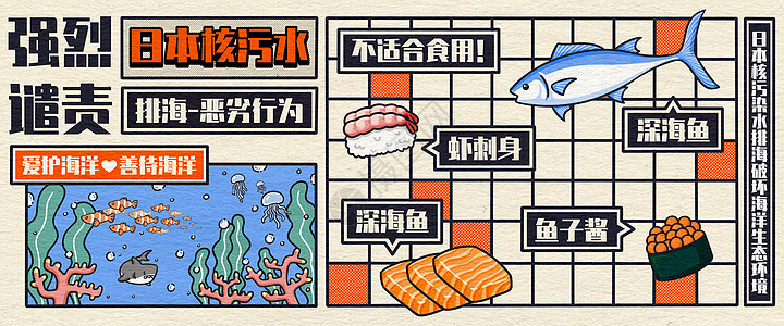 日本核污水排海后不适合食用的食物插画banner图片