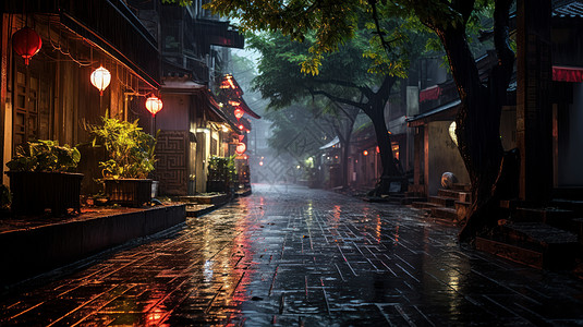 古风灯笼夜晚点亮灯笼的雨后古风街道背景