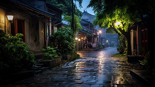 街景夜晚雨后安静温馨的胡同背景