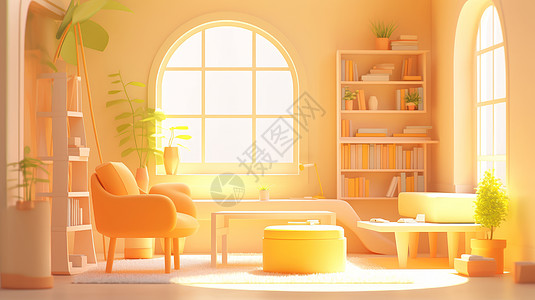 黄色调温馨的卡通儿童书房背景图片