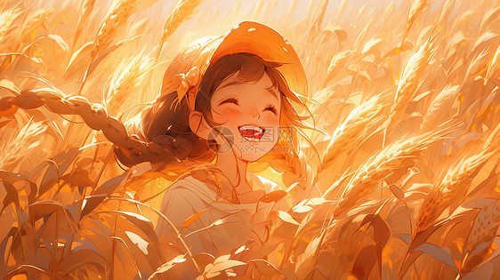 秋天在麦子地里开心笑的卡通女孩图片