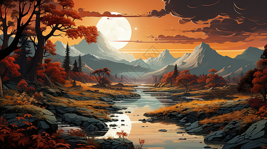 清澈的小溪中秋唯美卡通风景圆圆的月亮下山中一条清澈小溪插画