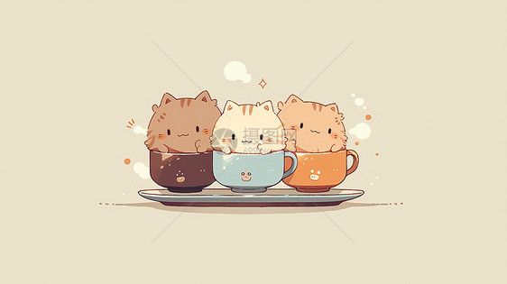 三只可爱的卡通小猫在咖啡杯里图片