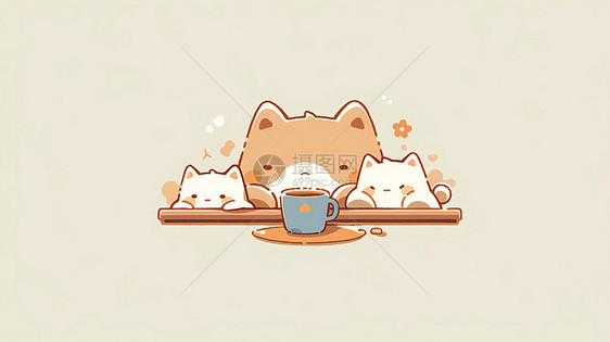 一起看着咖啡的三只可爱卡通小猫图片
